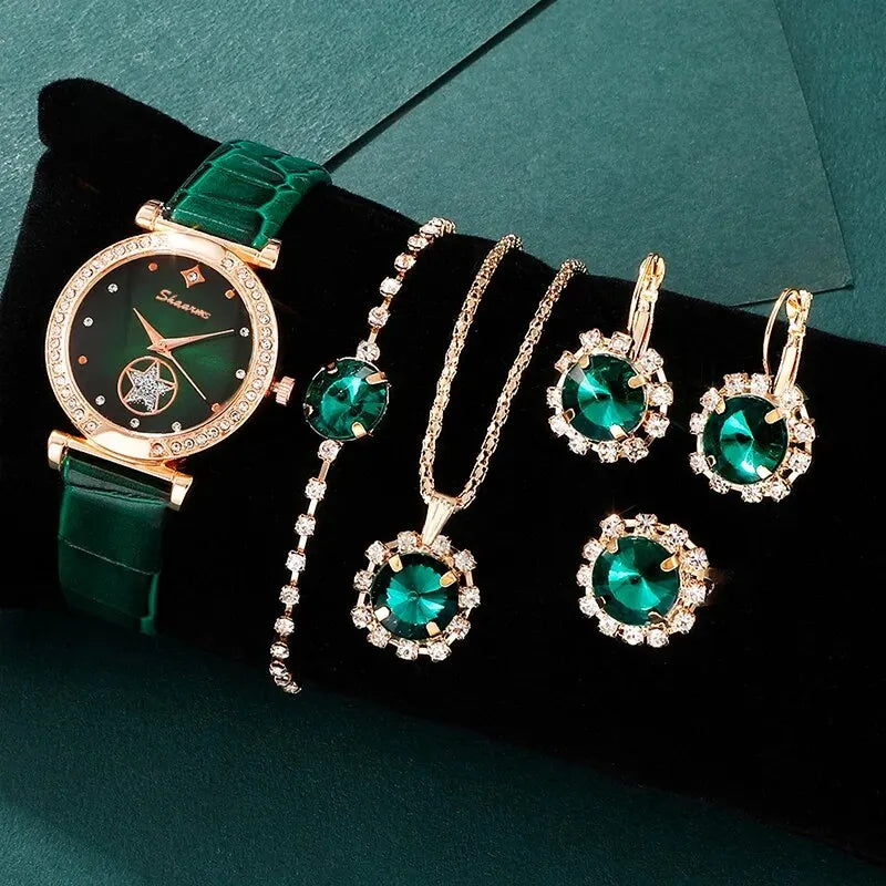 Set (6 pcs) luxurious green quartz watch for women + ring + necklace + rhinestone jumpsuit + bracelet