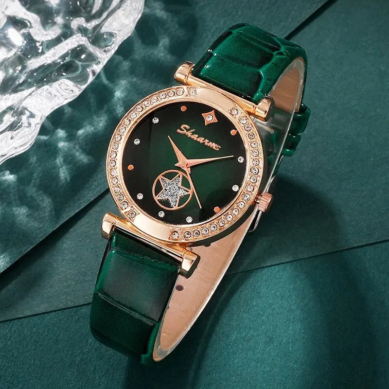 Set (6 pcs) luxurious green quartz watch for women + ring + necklace + rhinestone jumpsuit + bracelet