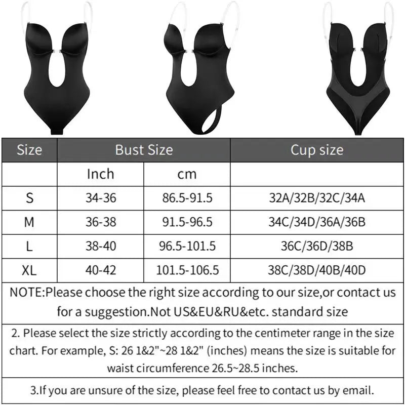 Women Shapers Underwear Backless Bodysuit Shapewear M L XL Deep V-Neck Body U Plunge Clear Strap Padded Push Up Corset