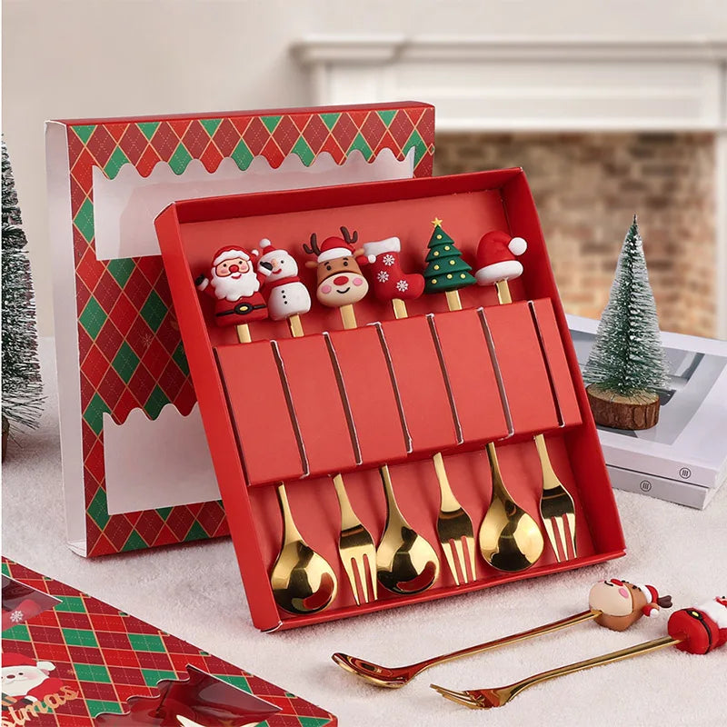 Xmas Party Fork Spoon Kits 2/4/6Pcs Christmas Stainless Steel Creative Tableware Set Glod Spoon Forks Decoration Cutlery Gift