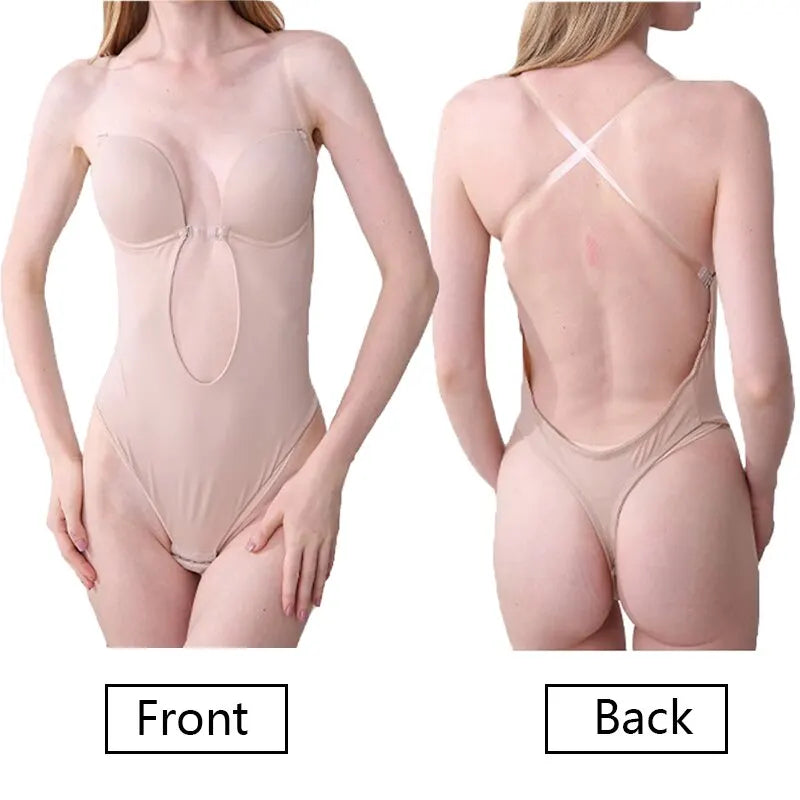 Women Shapers Underwear Backless Bodysuit Shapewear M L XL Deep V-Neck Body U Plunge Clear Strap Padded Push Up Corset