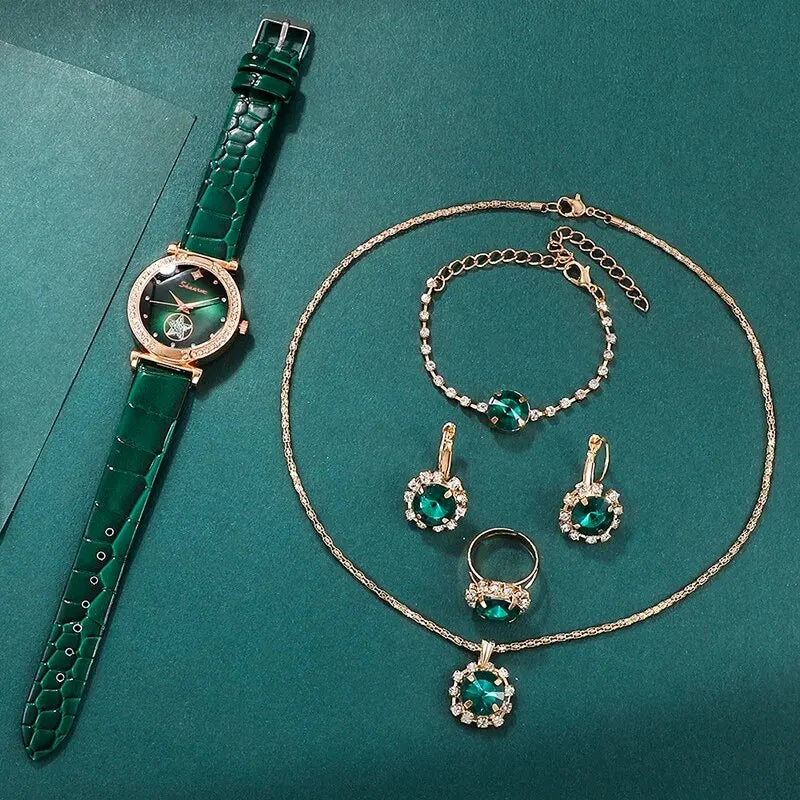 Set (6 pcs) luxurious green quartz watch for women + ring + necklace + rhinestone jumpsuit + bracelet