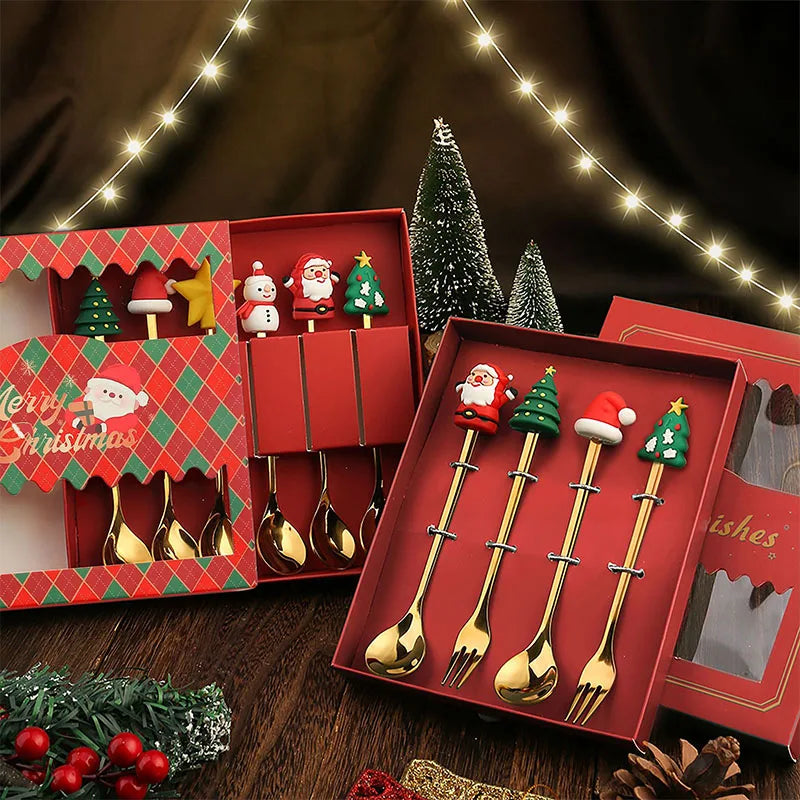 Xmas Party Fork Spoon Kits 2/4/6Pcs Christmas Stainless Steel Creative Tableware Set Glod Spoon Forks Decoration Cutlery Gift